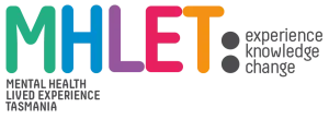 Multicoloured logo with text MHLET Mental Health Lived Experience Tasmania 
